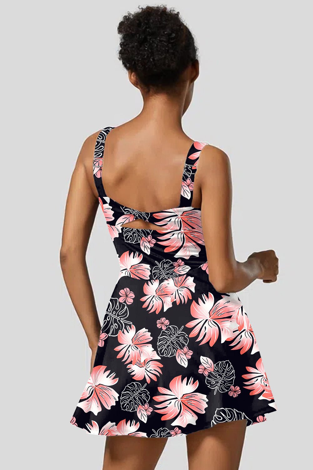 Black Floral Print Twisted Hollowed Back Swim Dress - Chaelisa's New Jammies