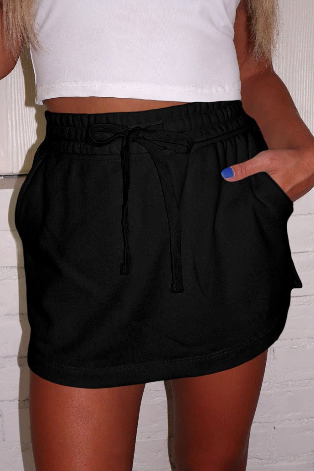 Black French Terry Drawstring Mini Skort with Pockets - Chaelisa's New Jammies