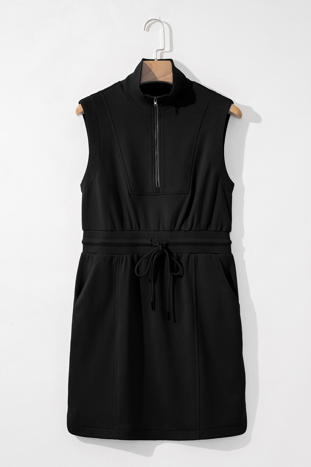Black French Terry Zipped Collar Sleeveless Drawstring Waist Mini Dress - Chaelisa's New Jammies