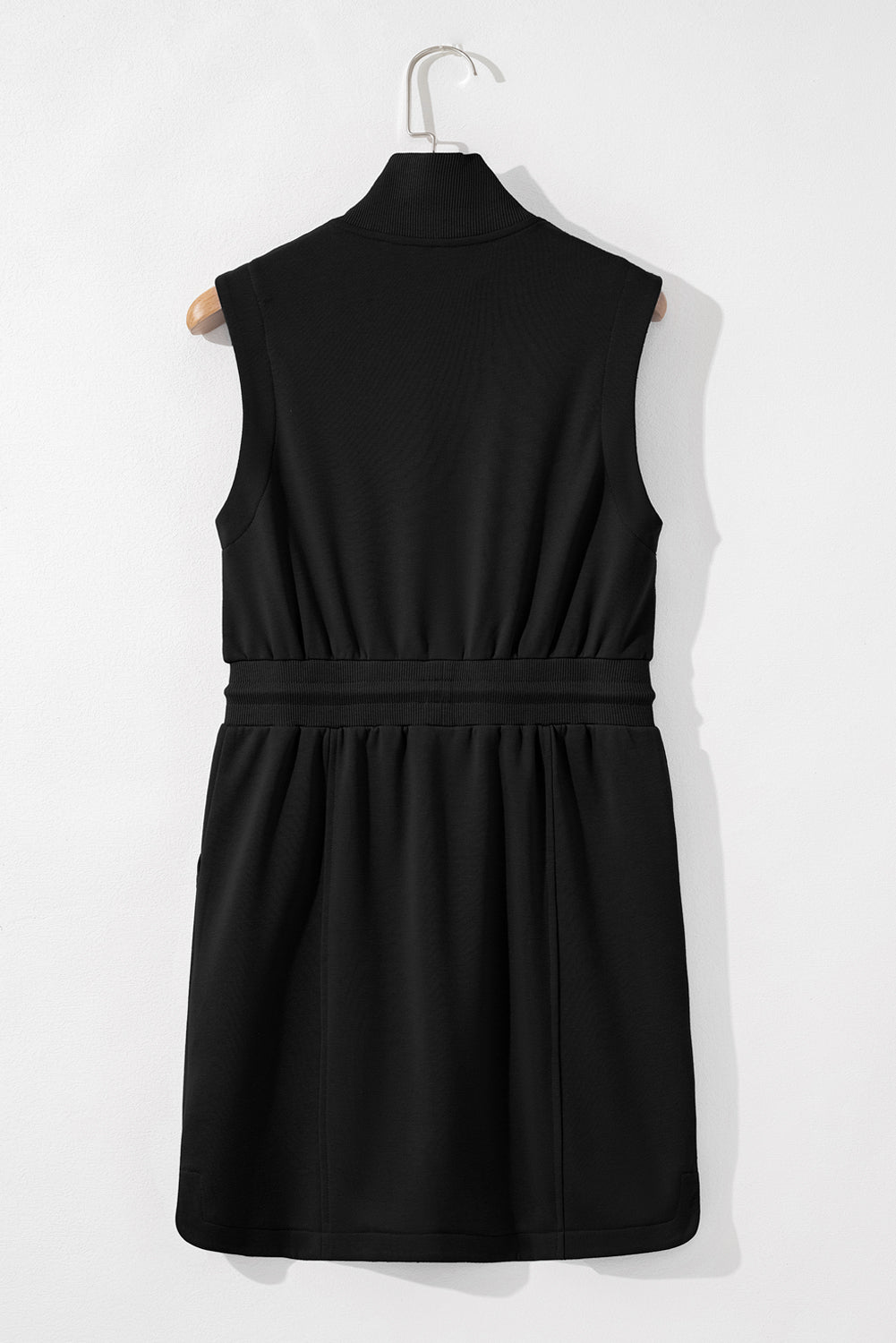 Black French Terry Zipped Collar Sleeveless Drawstring Waist Mini Dress - Chaelisa's New Jammies
