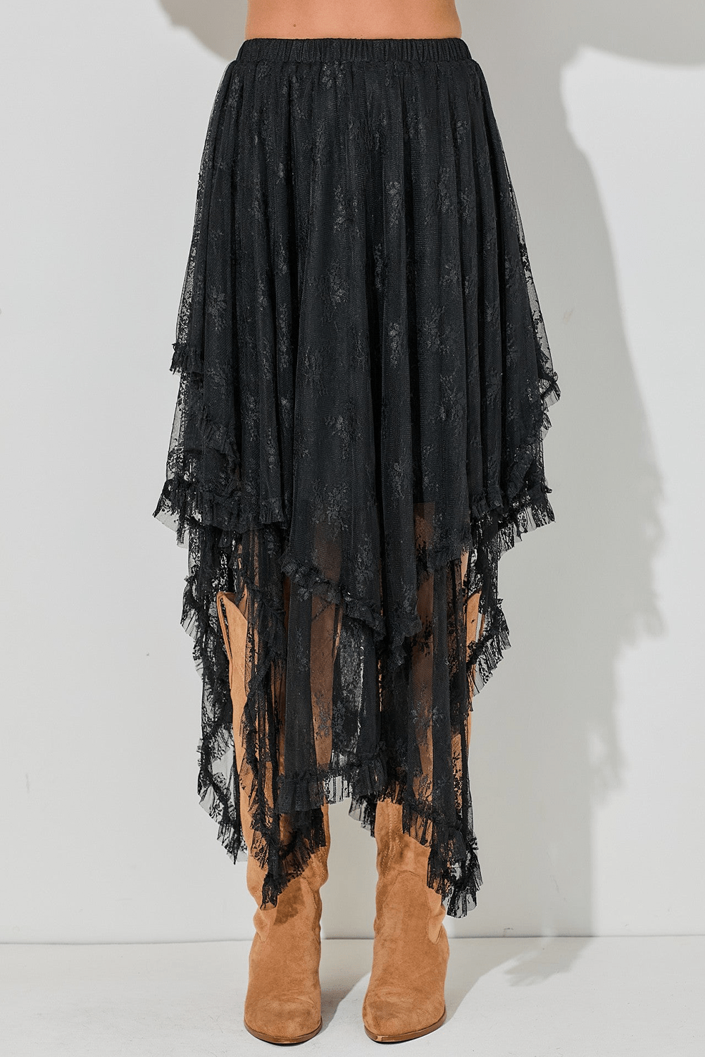 Black Lace Cascading Tiered High Waist Maxi Skirt - Chaelisa's New Jammies