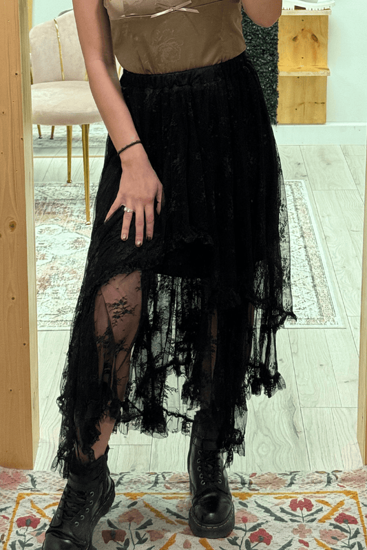 Black Lace Cascading Tiered High Waist Maxi Skirt - Chaelisa's New Jammies
