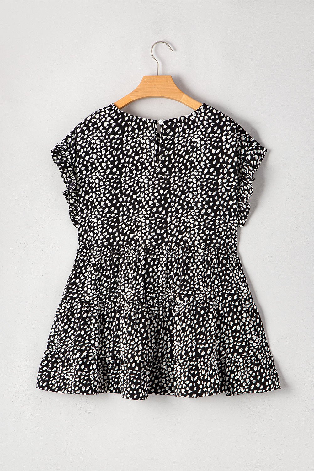 Black Leopard Print Ruffled Short Sleeve Keyhole Back Tiered Flowy Plus Size Blouse - Chaelisa's New Jammies