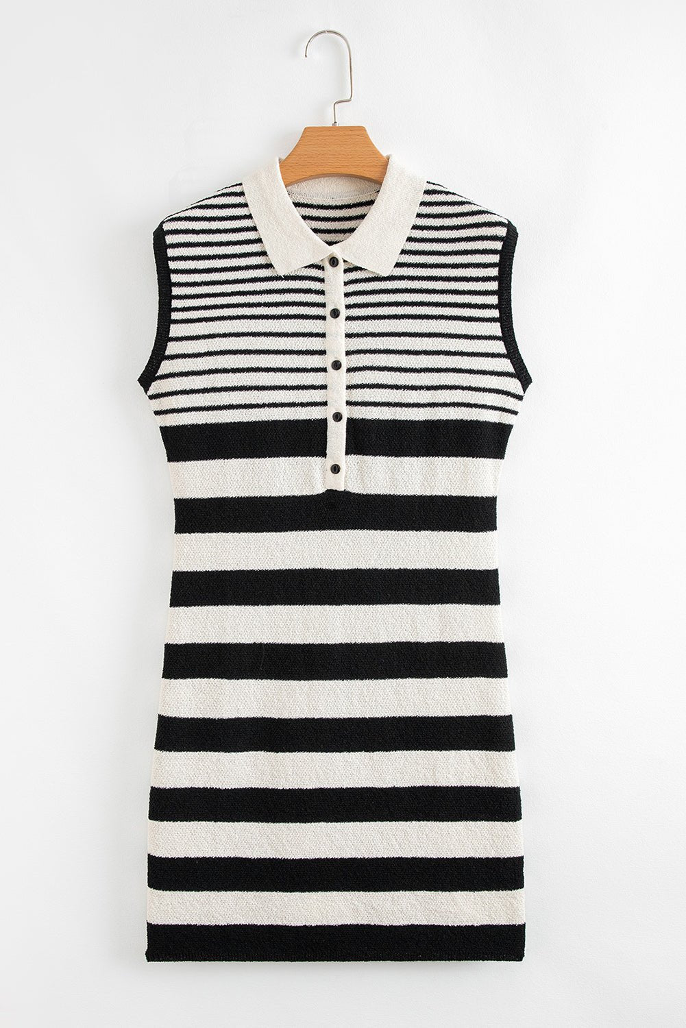 Black Mixed Striped Print Half Placket Collared Cap Sleeve Bodycon Sweater Dress - Chaelisa's New Jammies