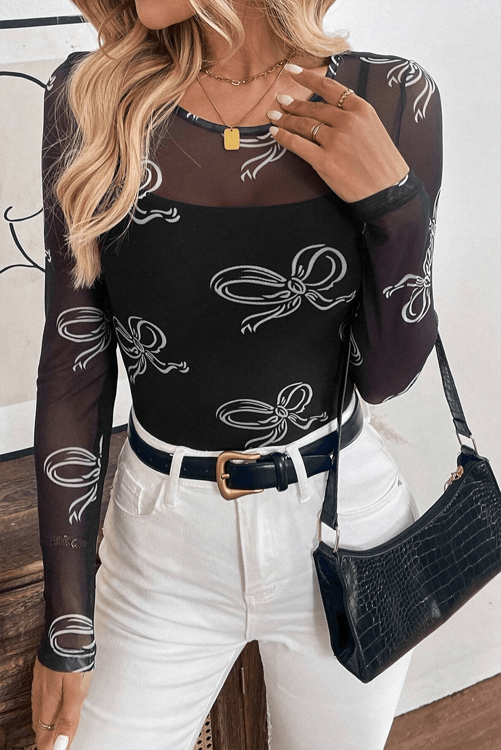 Black Round Neck Bow Print Long Sleeve Mesh Top - Chaelisa's New Jammies