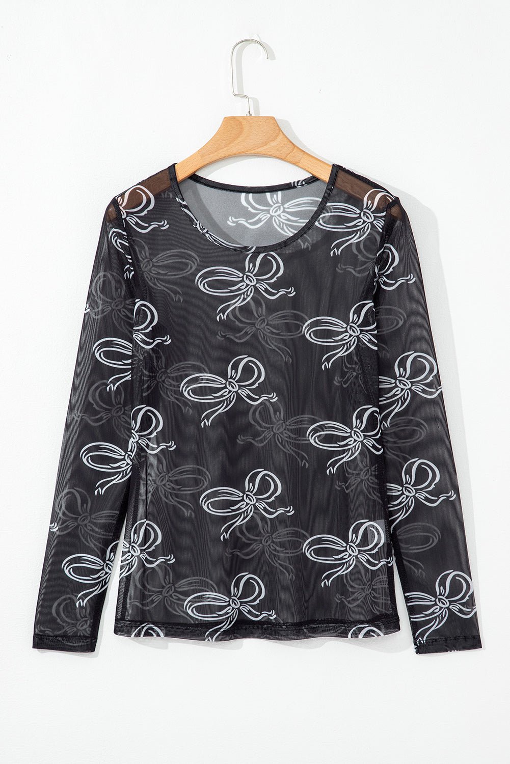 Black Round Neck Bow Print Long Sleeve Mesh Top - Chaelisa's New Jammies
