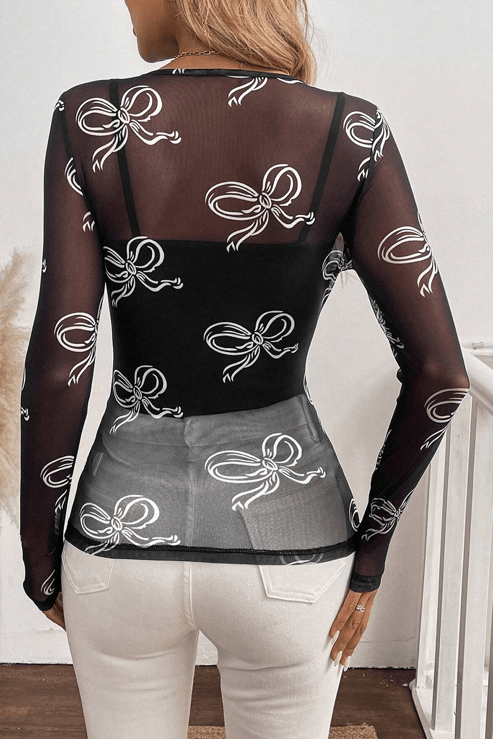 Black Round Neck Bow Print Long Sleeve Mesh Top - Chaelisa's New Jammies