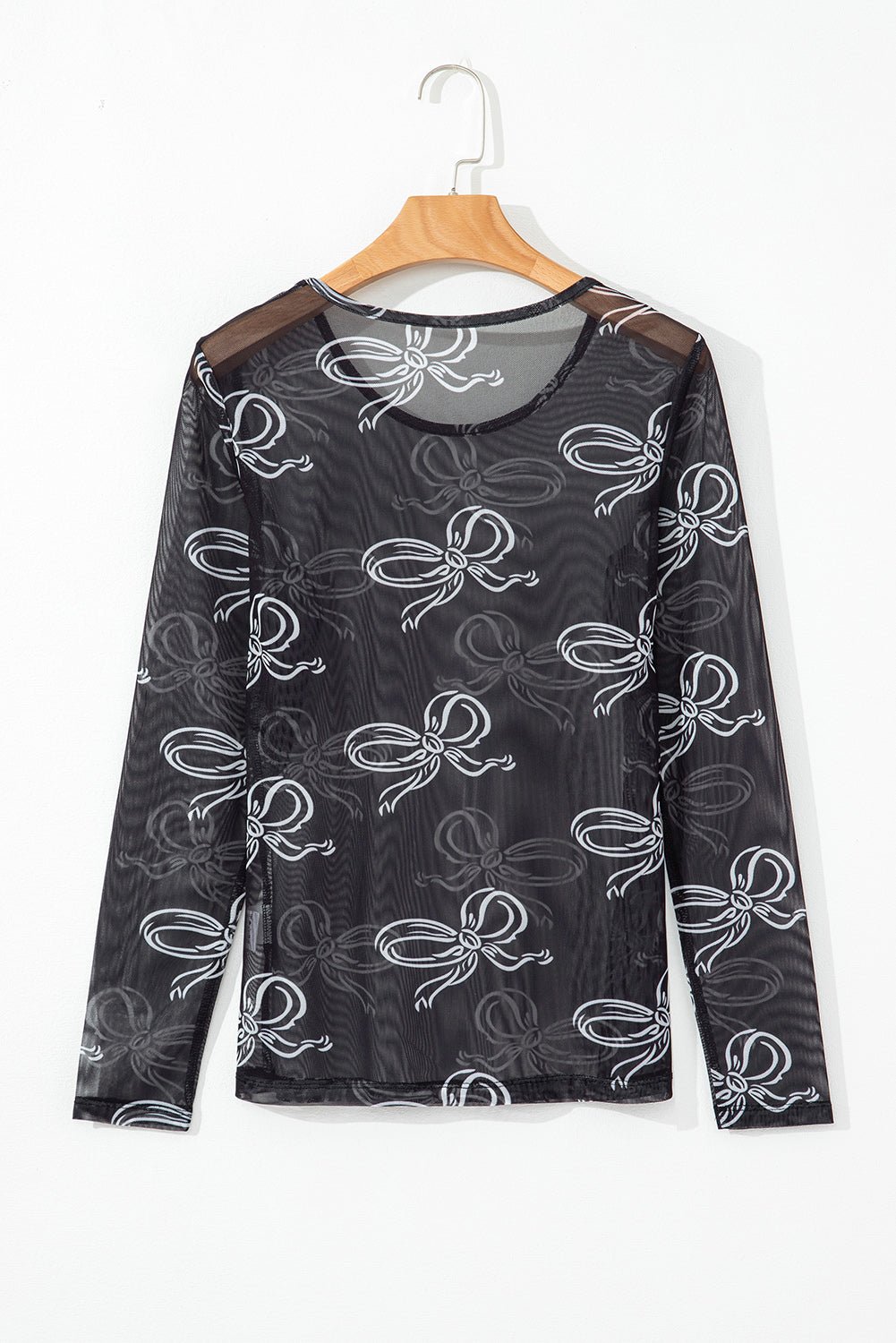 Black Round Neck Bow Print Long Sleeve Mesh Top - Chaelisa's New Jammies