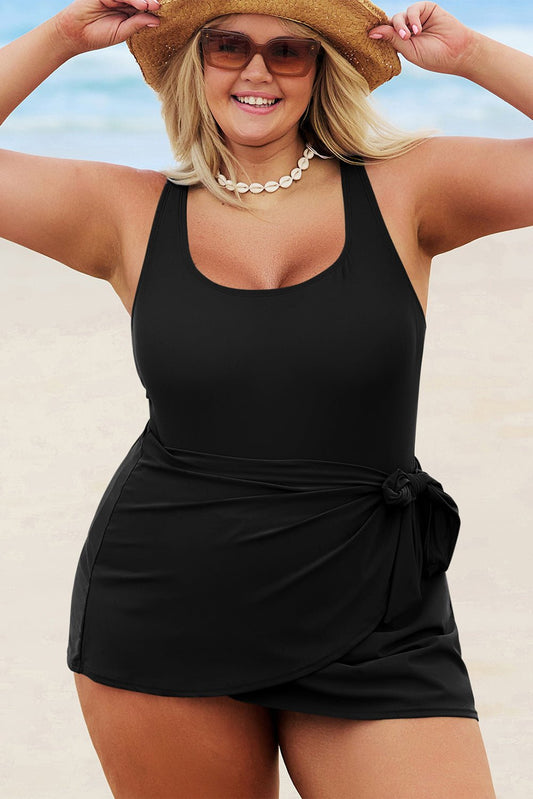 Black Solid Color Square Neck Knotted Plus Size One Piece Swimsuit - Chaelisa's New Jammies