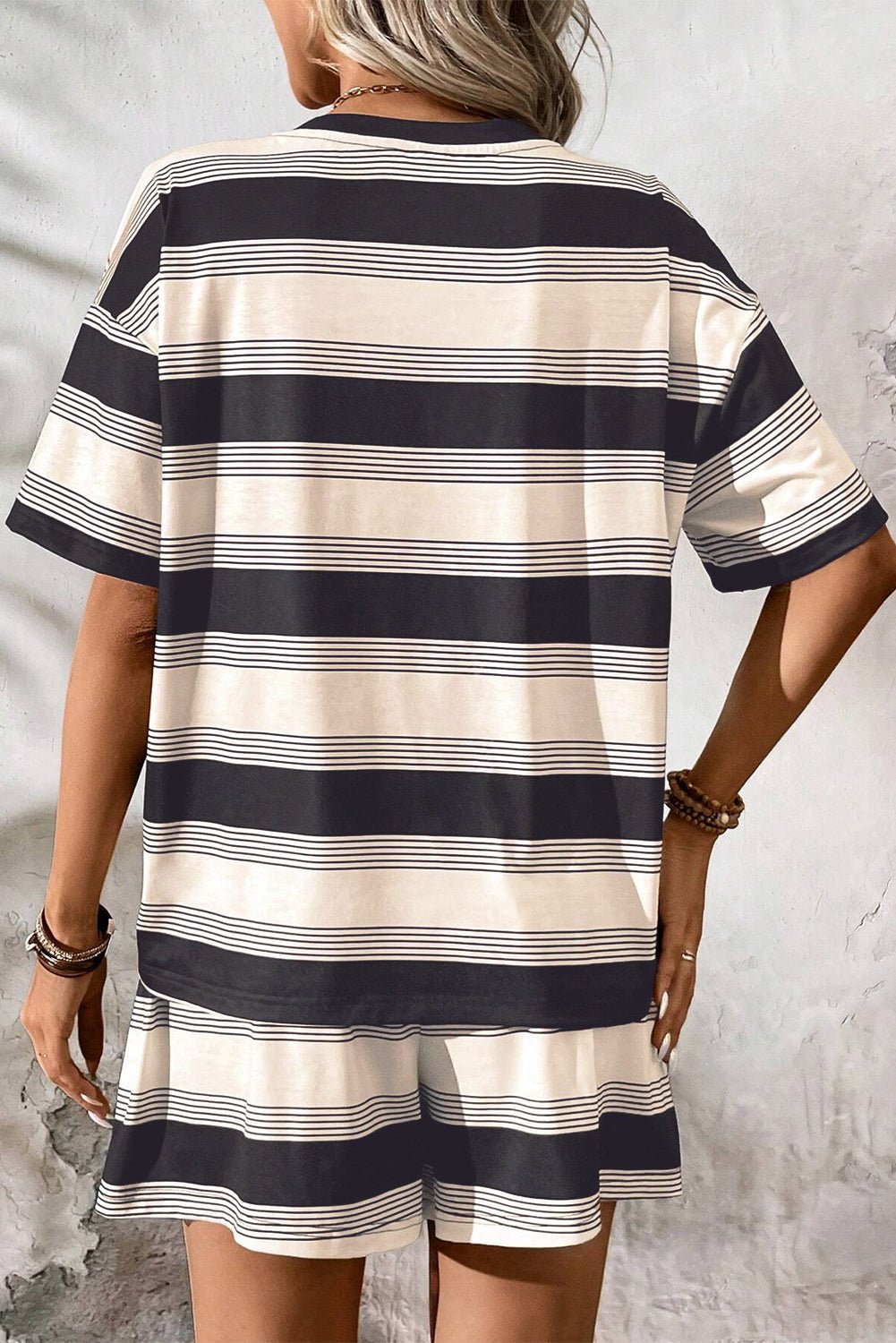 Black Stripe Short Sleeve T Shirt and High Waist Pocketed Shorts Set - Chaelisa's New Jammies