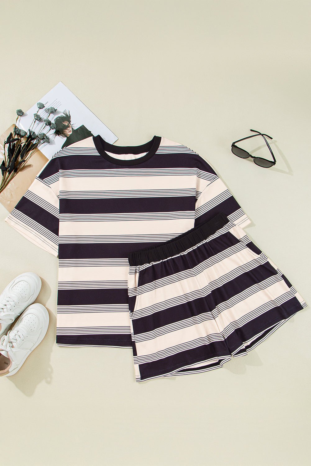 Black Stripe Short Sleeve T Shirt and High Waist Pocketed Shorts Set - Chaelisa's New Jammies