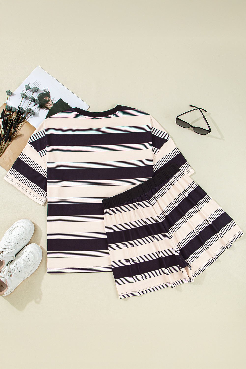 Black Stripe Short Sleeve T Shirt and High Waist Pocketed Shorts Set - Chaelisa's New Jammies