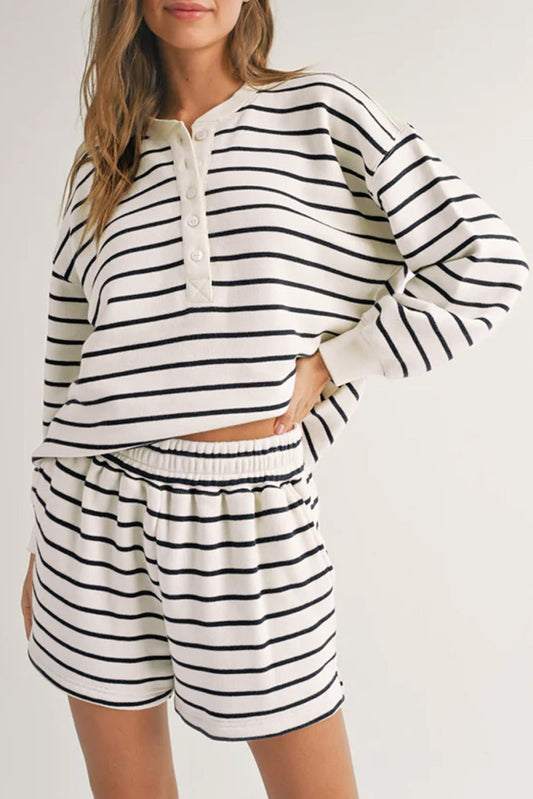 Black white Stripes Printed Half Button Long Sleeve Top and Shorts Set - Chaelisa's New Jammies