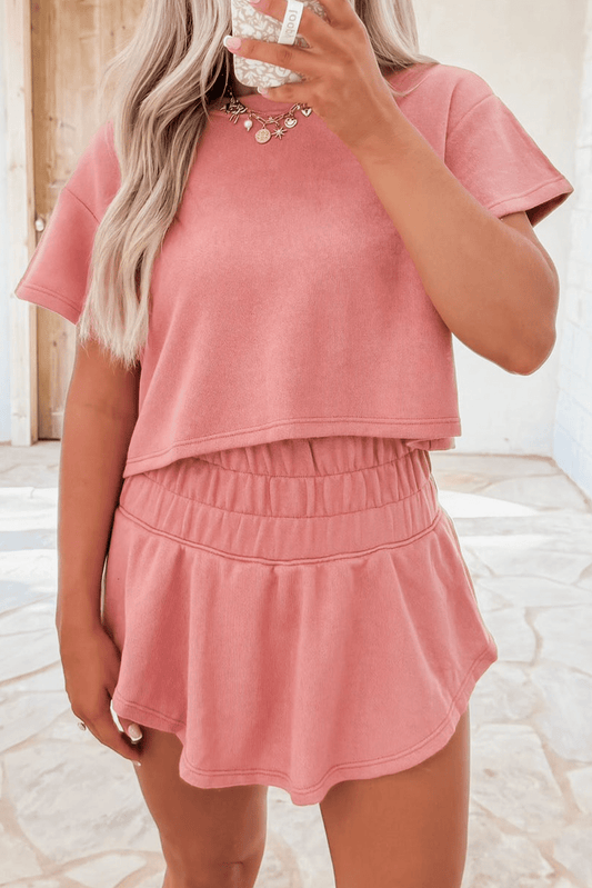 Blossom 2pcs Cropped Tee and Ruffle High Waist Skort Set - Chaelisa's New Jammies