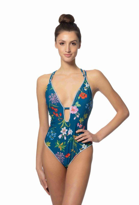 BLUE FLORAL ONE PIECE SWIMSUIT W/STITCHING DETAILS - Chaelisa's New Jammies