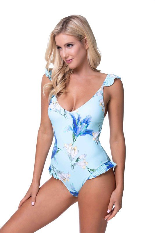 BLUE FLORAL RUFFLE TRIM ONE PIECE SWIMWEAR - Chaelisa's New Jammies