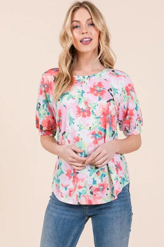 BOMBOM Floral Round Neck Puff Sleeve Top - Chaelisa's New Jammies