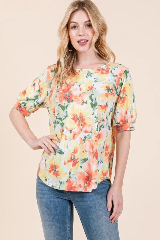BOMBOM Floral Round Neck Puff Sleeve Top - Chaelisa's New Jammies