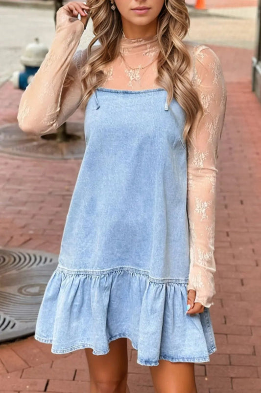 Bow Detail Spaghetti Straps Ruffle Hem Denim Dress - Chaelisa's New Jammies