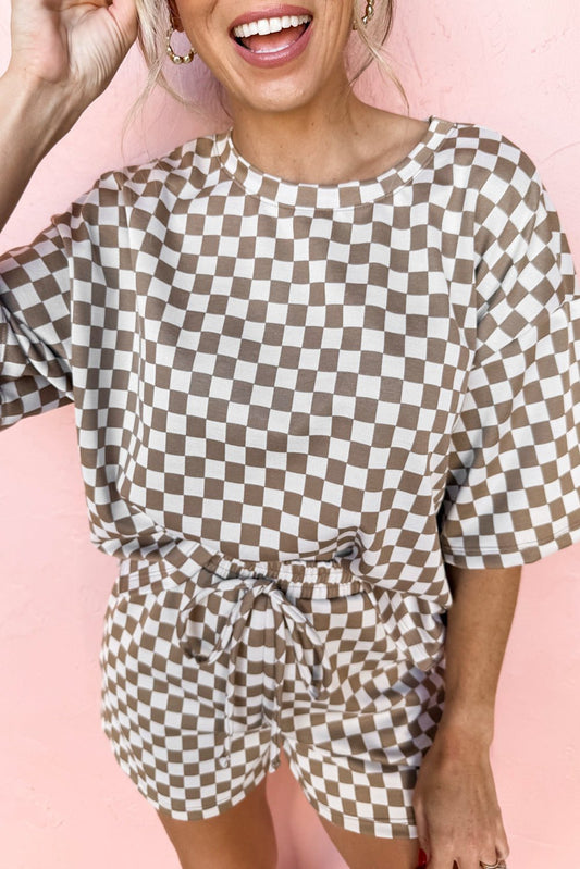 Brown Checkered Top and Short Casual 2pcs Set - Chaelisa's New Jammies
