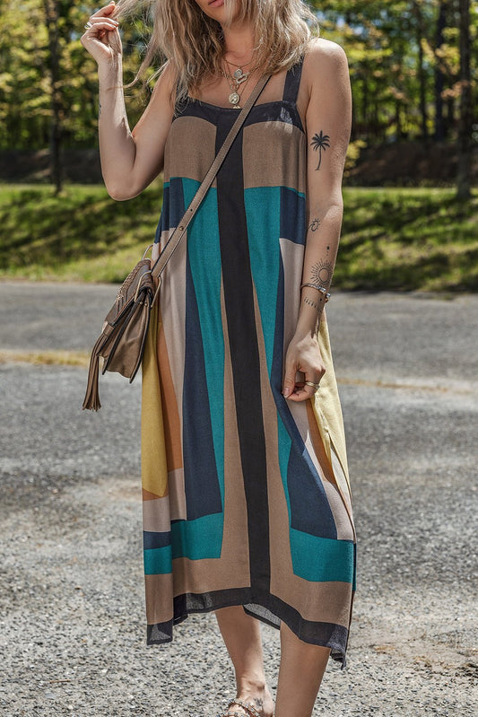 Brown Retro Geometric Printed Y Back Sleeveless Dress - Chaelisa's New Jammies