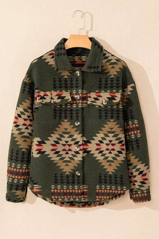 Green Aztec Print Flap Pockets Long Sleeve Shacket-Chaelisa's New Jammies