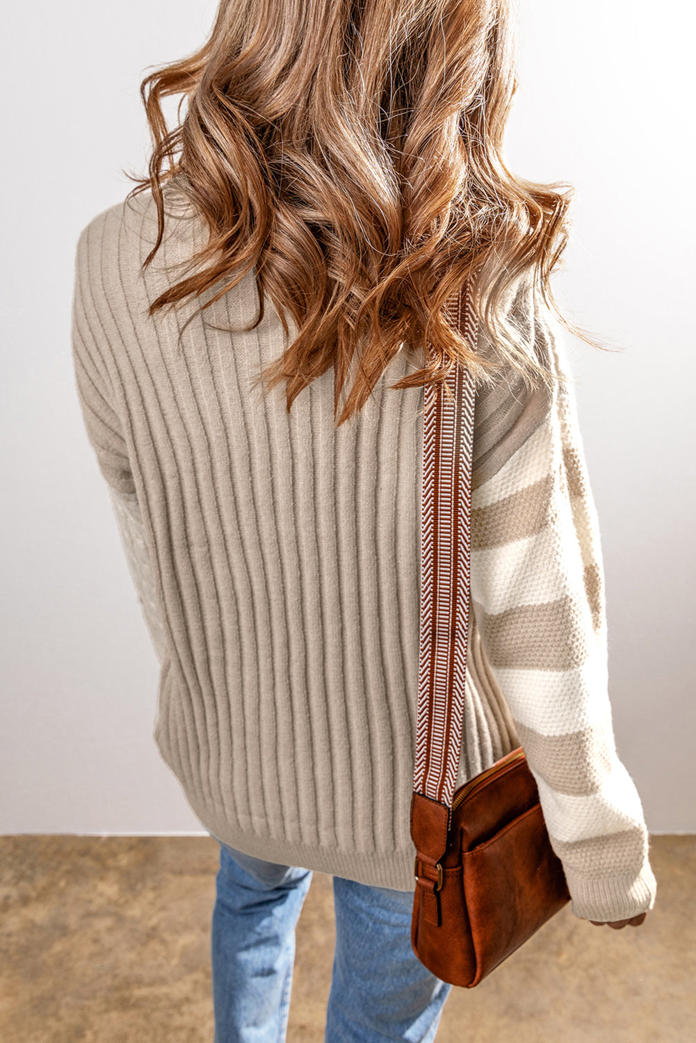 Khaki Cable Knit Colorblock Crew Neck Drop Shoulder Sweater-Chaelisa's New Jammies