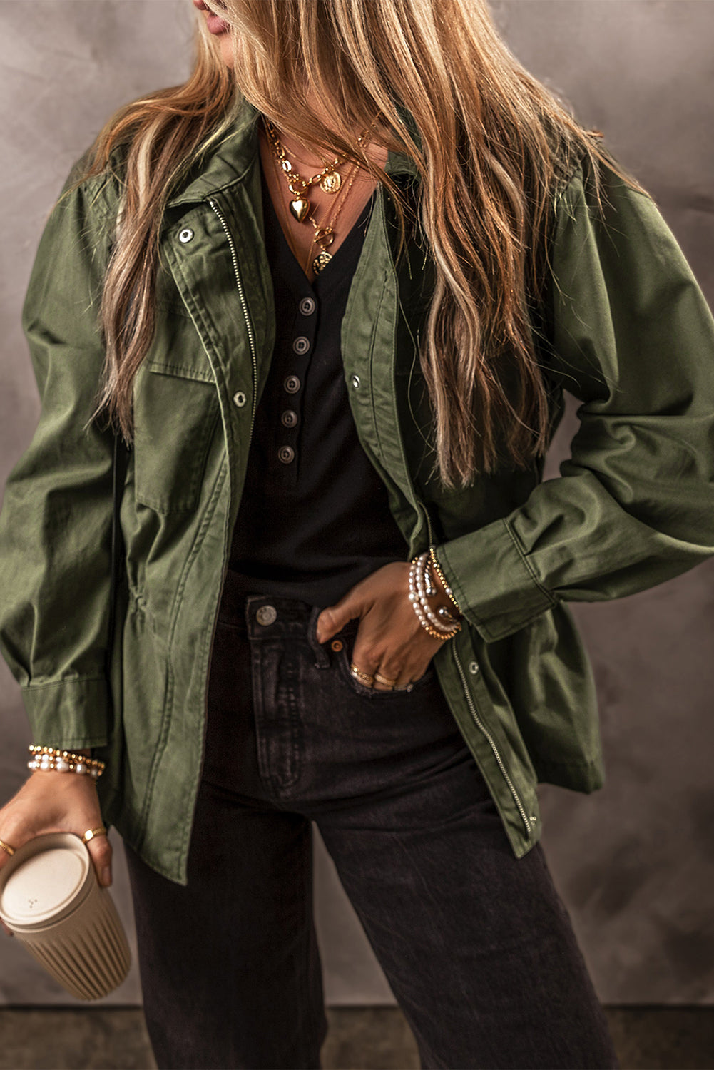 Moss Green Snap Button Zipper Tight Waist Collared Jacket-Chaelisa's New Jammies