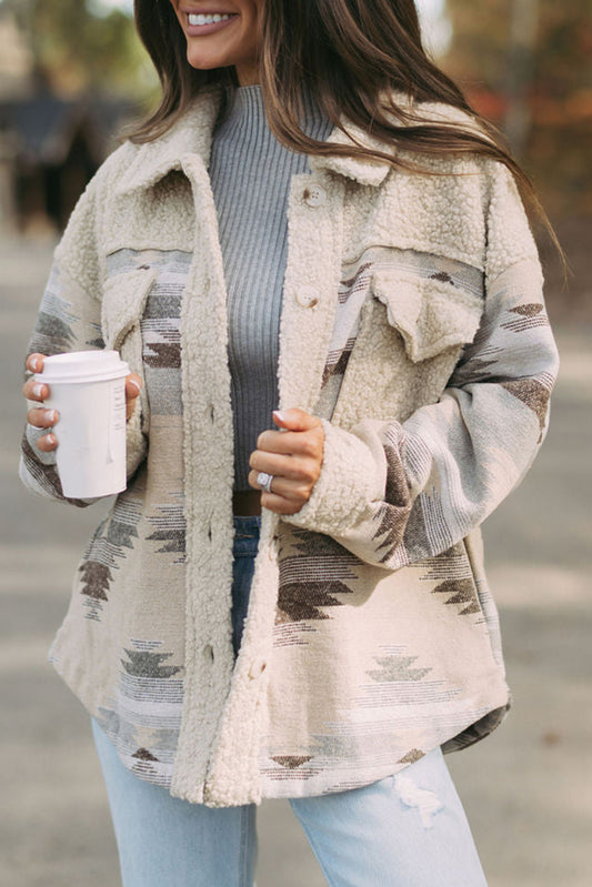 Khaki Western Aztec Print Sherpa Splicing Buttoned Flap Pocket Coat-Chaelisa's New Jammies