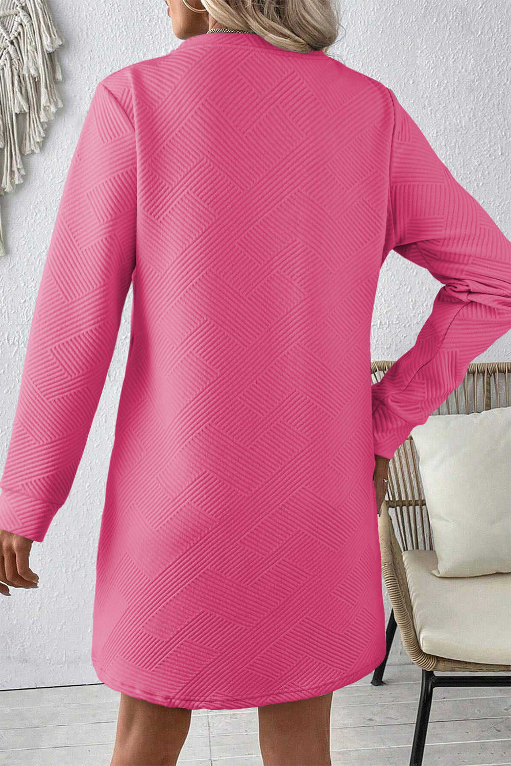 Rose Red Solid Color Textured Long Sleeve Shift Dress-Chaelisa's New Jammies