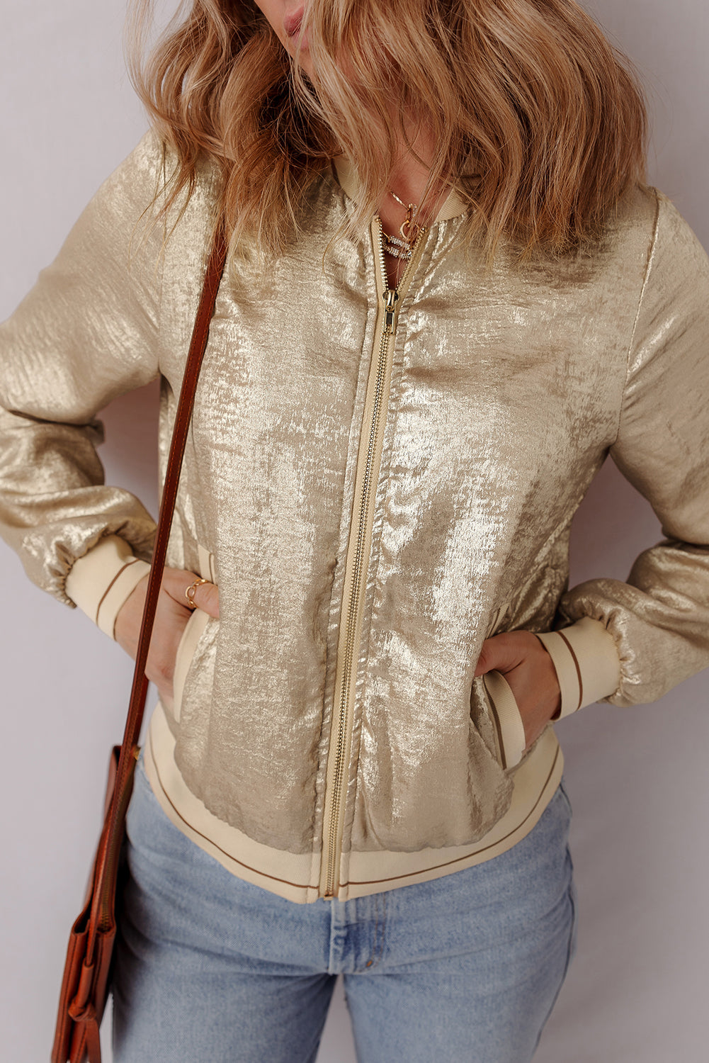 Pale Khaki Metallic Zip up Baseball Jacket-Chaelisa's New Jammies