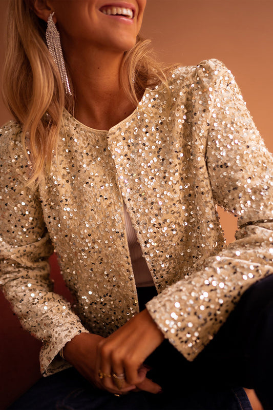 Golden Fleece Sequined Open Front Cropped Jacket-Chaelisa's New Jammies