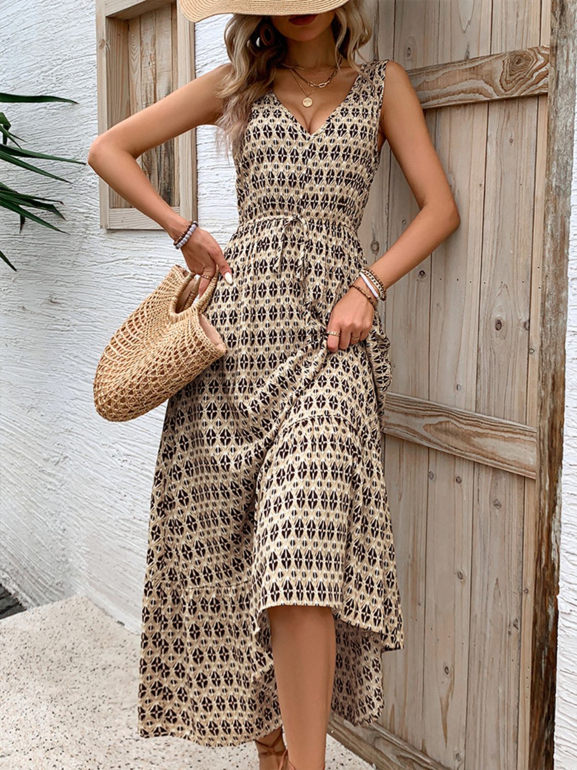 Printed V-Neck Tie Waist Midi Dress-Chaelisa's New Jammies