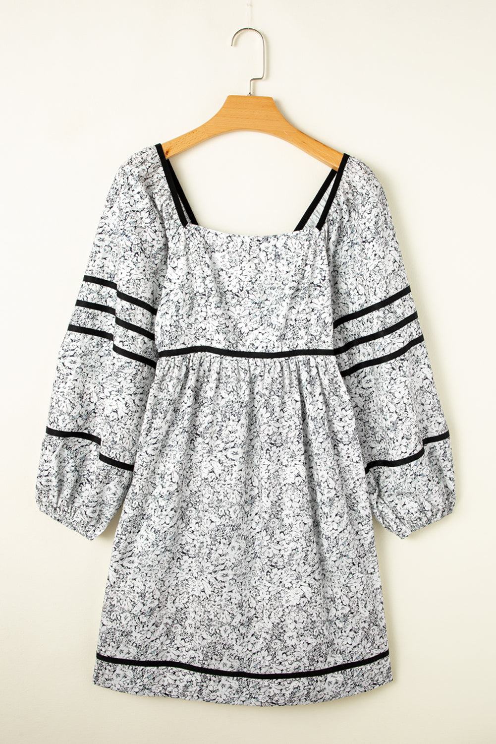 Gray Floral Print Open Back Balloon Sleeve Square Neck Mini Dress-Chaelisa's New Jammies