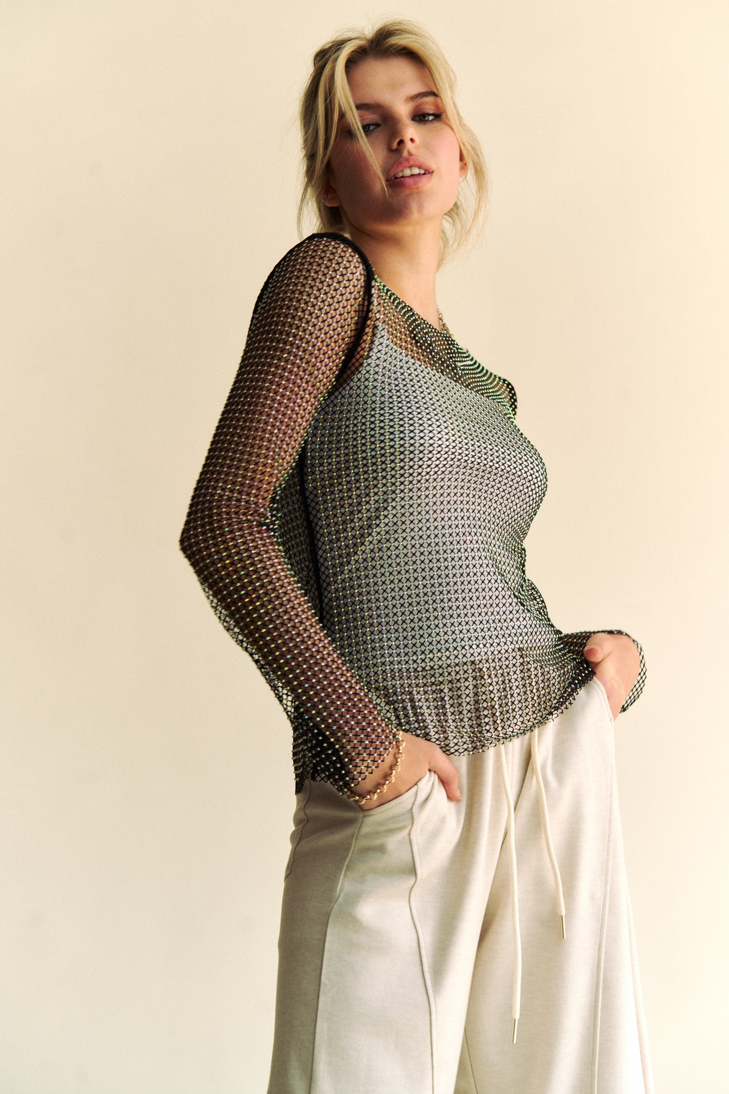 Davi & Dani Sparkling Rhinestone Sheer Mesh Round Neck Top-Chaelisa's New Jammies