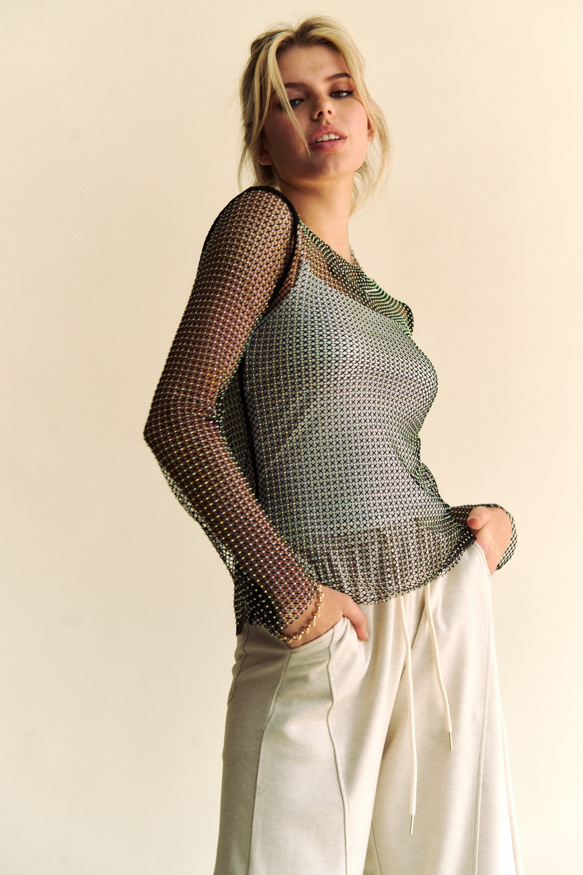Davi & Dani Sparkling Rhinestone Sheer Mesh Round Neck Top-Chaelisa's New Jammies
