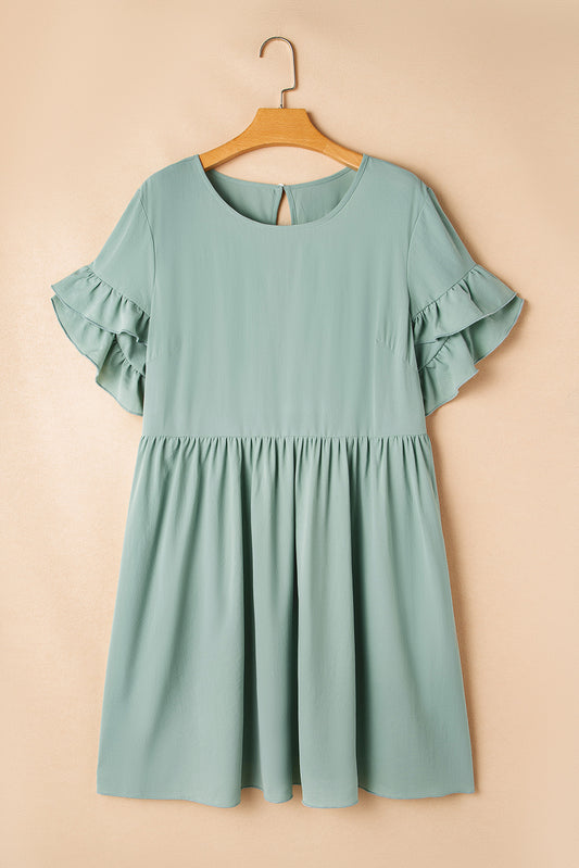 Grass Green Ruffle Trim Short Sleeve Plus Size Flared Mini Dress-Chaelisa's New Jammies