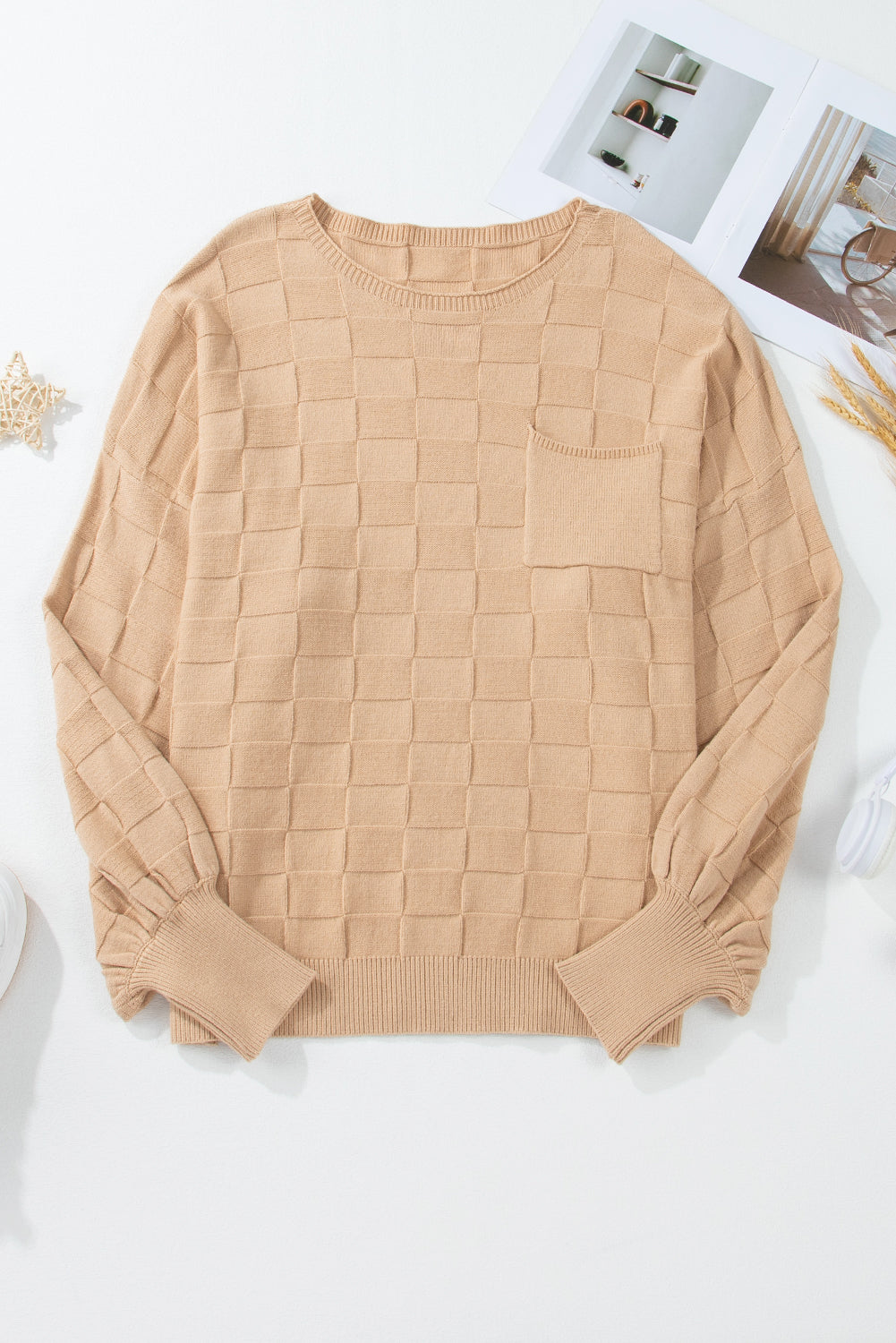Light French Beige Solid Checkered Textured Knit Plus Size Sweater-Chaelisa's New Jammies