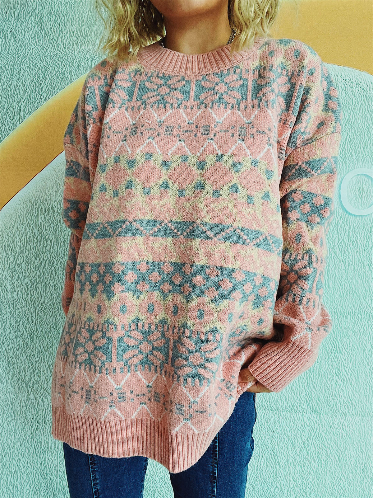 Geometric Round Neck Dropped Shoulder Sweater-Chaelisa's New Jammies