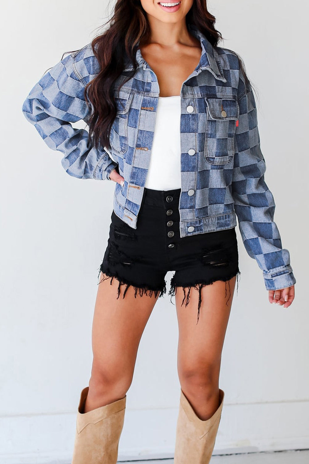 Light Blue Checkered Patchwork Button up Denim Jacket-Chaelisa's New Jammies