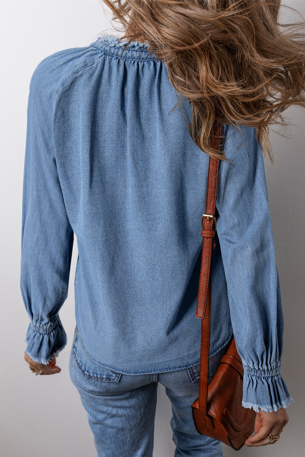 Sky Blue Frilled Raw Hem Half Buttoned Denim Top-Chaelisa's New Jammies