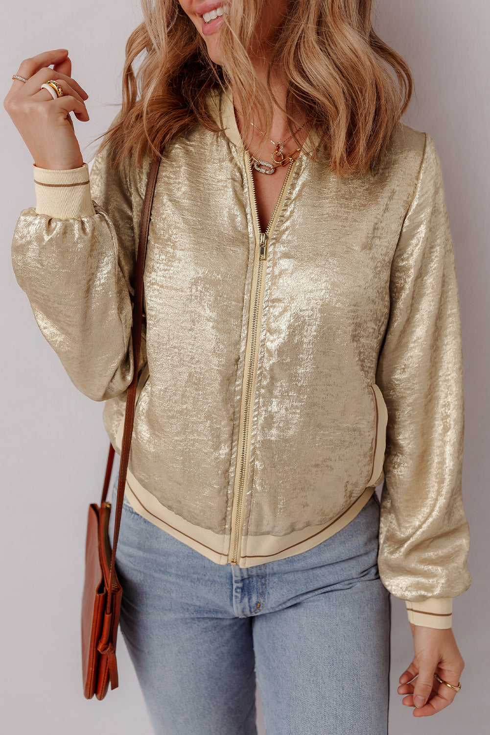 Pale Khaki Metallic Zip up Baseball Jacket-Chaelisa's New Jammies
