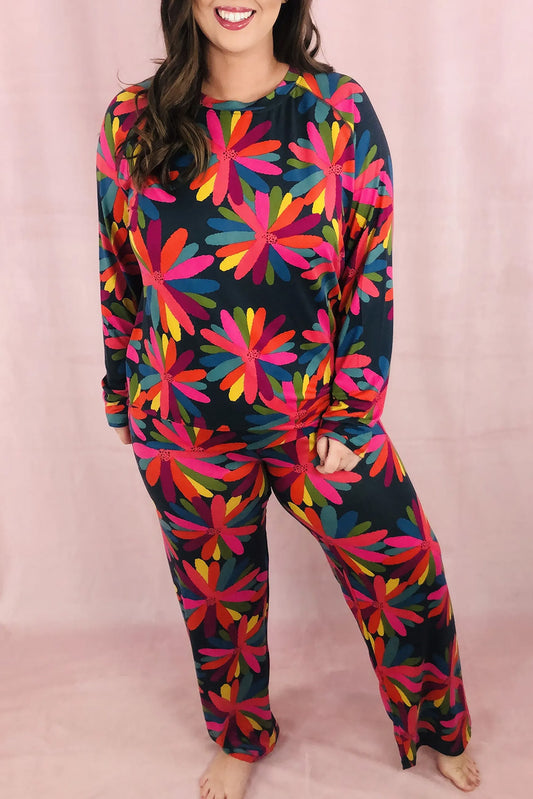 Black Plus Size Printed Long Sleeve and Pants Lounge Set-Chaelisa's New Jammies