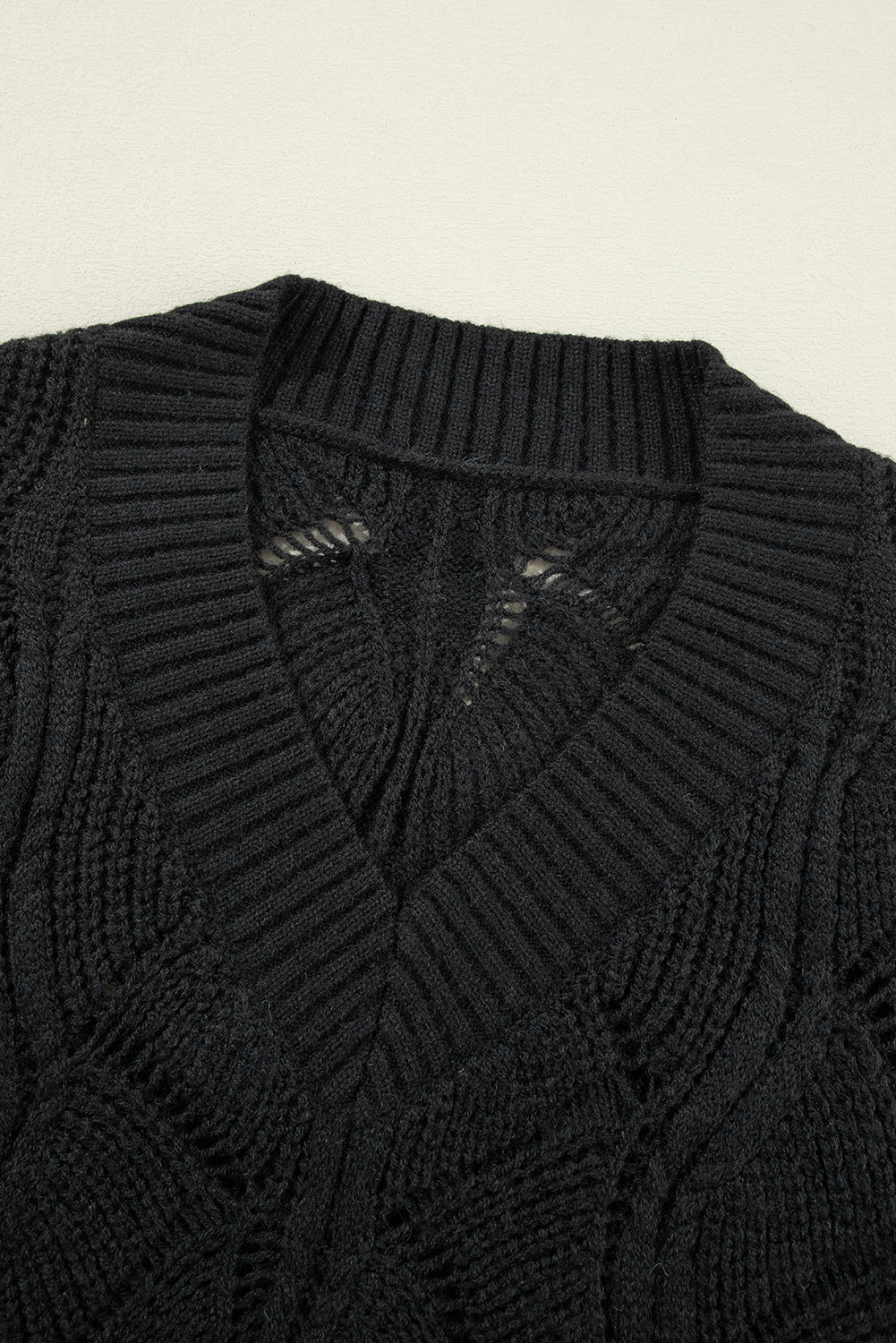 Black Hollow Out Knit V Neck Drop Shoulder Sweater-Chaelisa's New Jammies