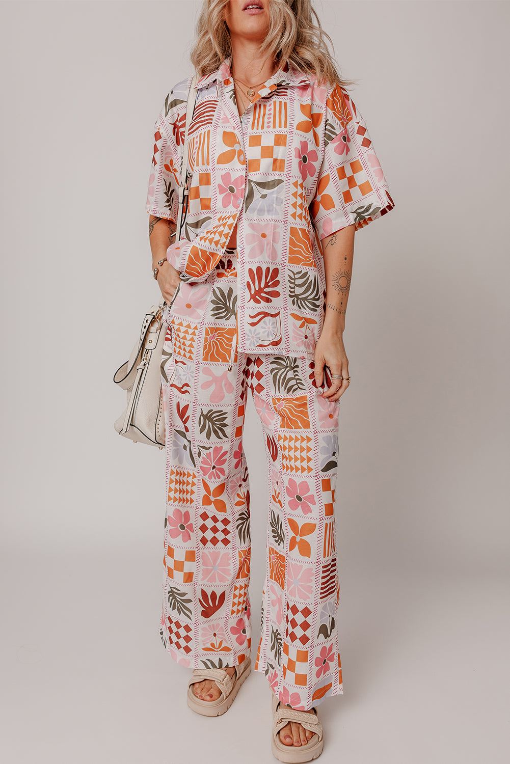 Orange Plant Checkered Print Collared Shirt and Wide Leg Pants Set-Chaelisa's New Jammies