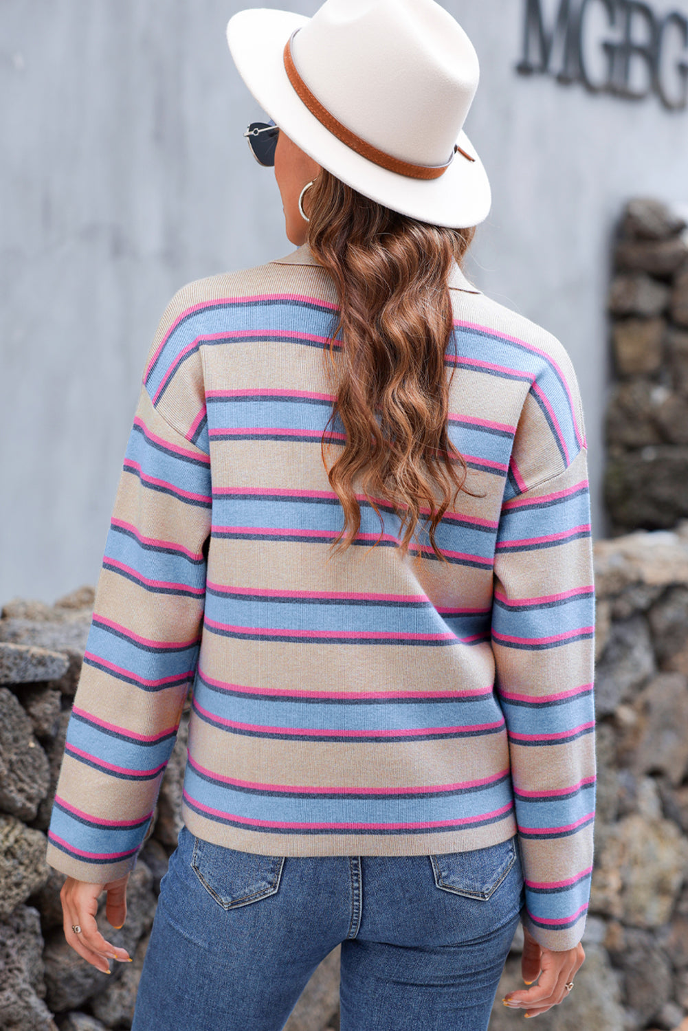 Apricot Stripe Collared V Neck Drop Shoulder Loose Sweater-Chaelisa's New Jammies