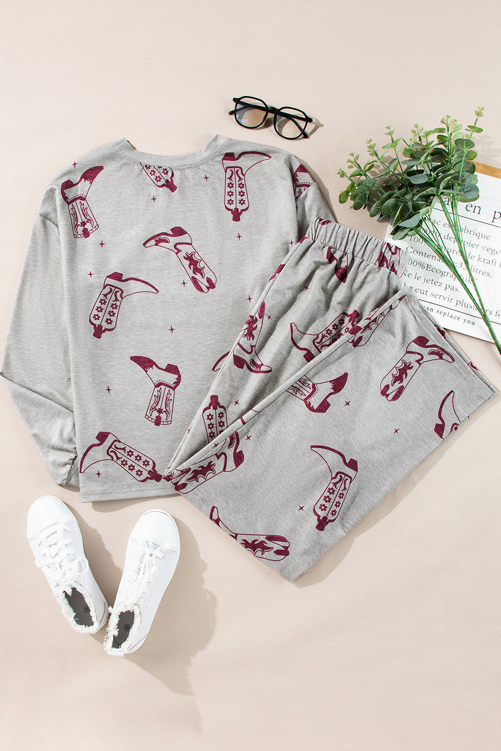 Gray Cowgirl Boots Printed Long Sleeve Top Pants Lounge Set-Chaelisa's New Jammies