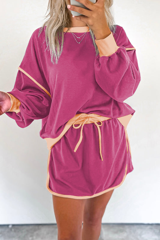 Rose Red Color Contrast Loose Pullover and Lace-up Waist Skort Set-Chaelisa's New Jammies