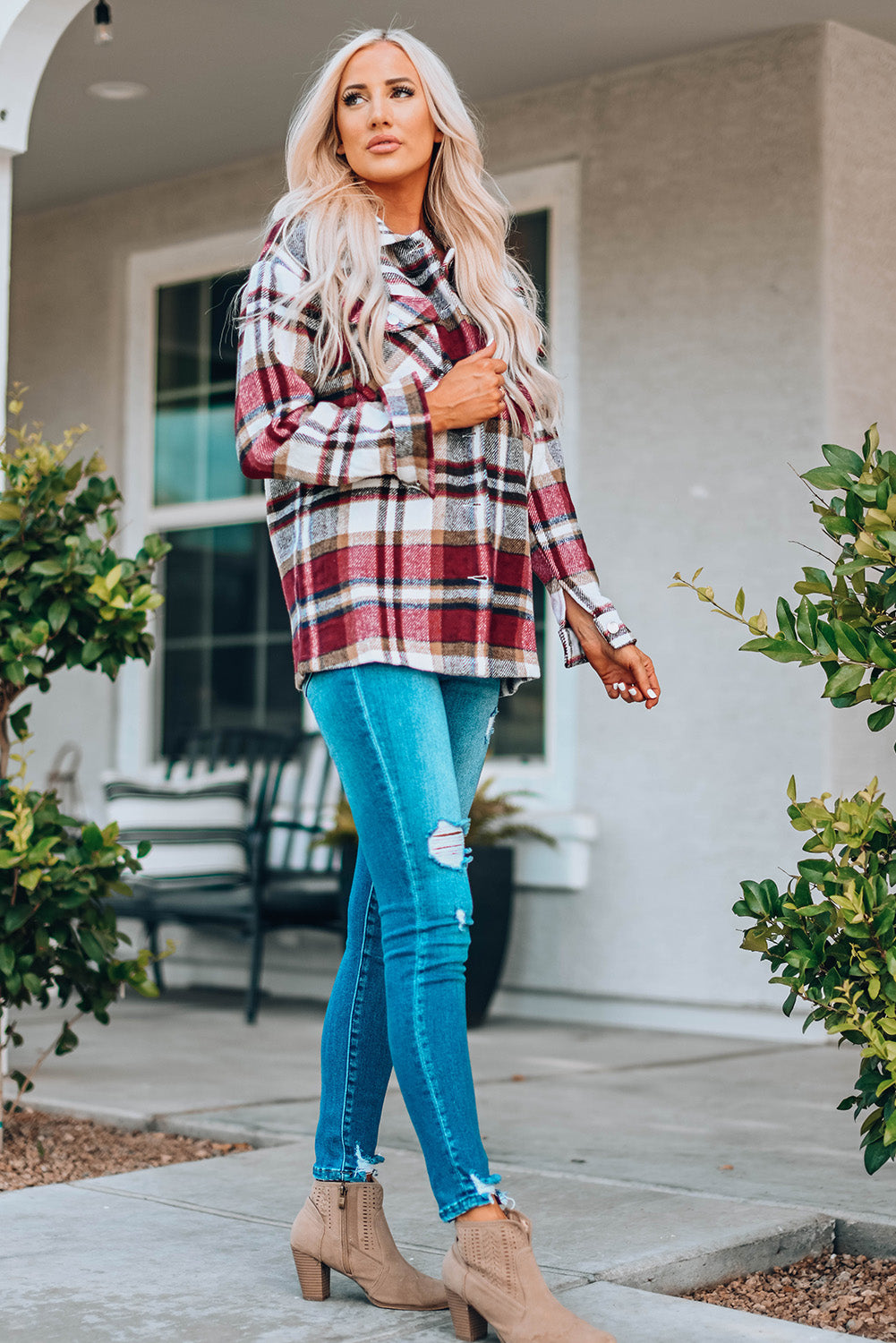 Fiery Red Geometric Plaid Print Pocketed Shacket-Chaelisa's New Jammies