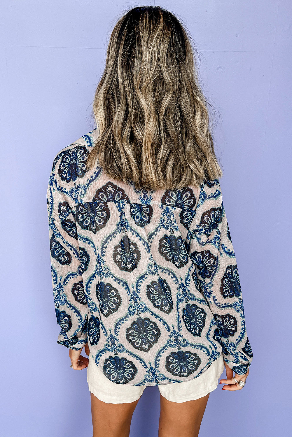 Blue Tribal Pattern Buttoned Front Loose Shirt-Chaelisa's New Jammies